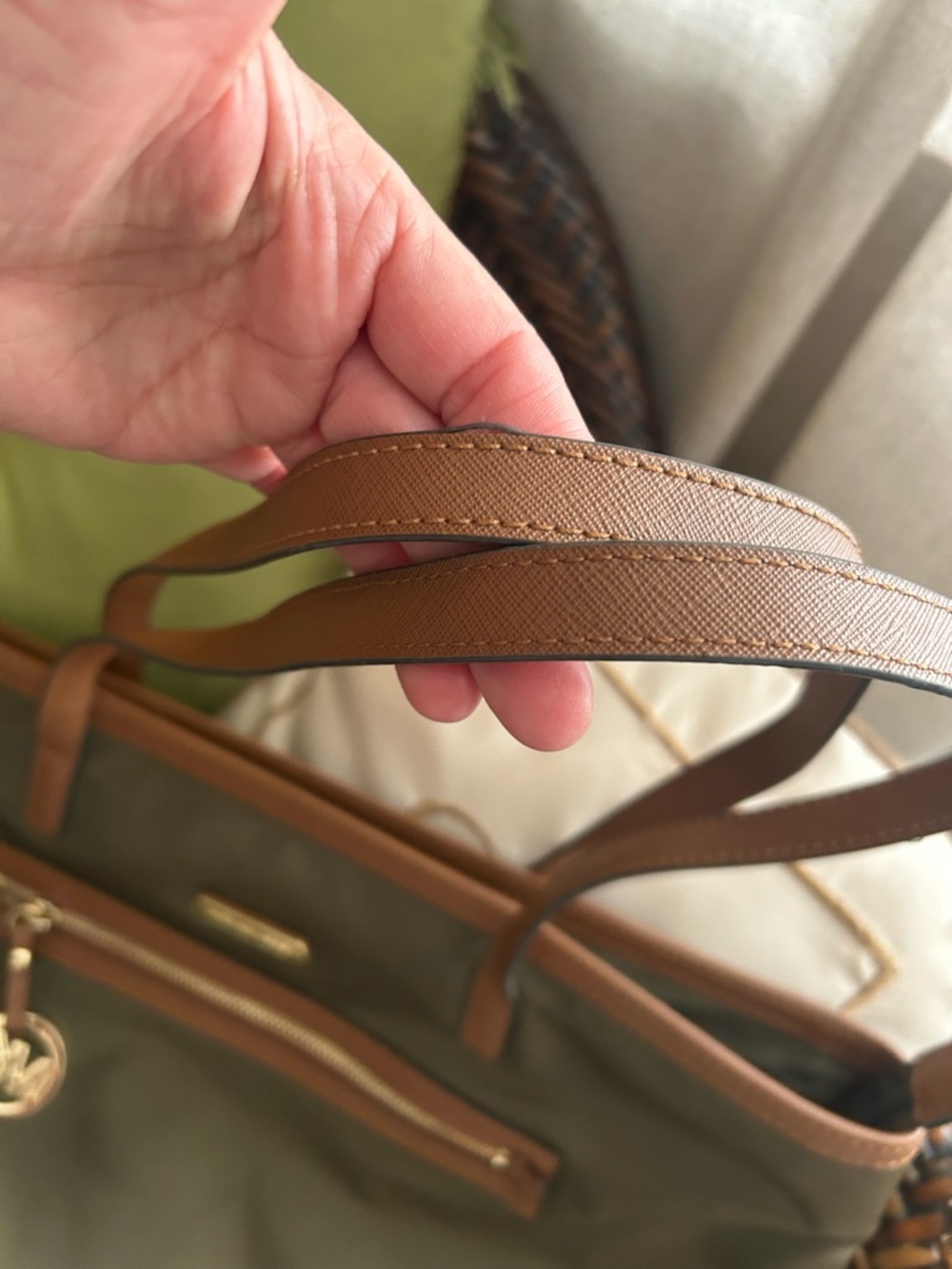 Michael Kors Olive Green Tote with Brown Leather Trim & Gold Charm - Picture 4 of 9